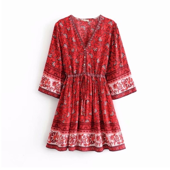 Boho gypsy red floral print 3/4 sleeve mini dress - Picture 2 of 3